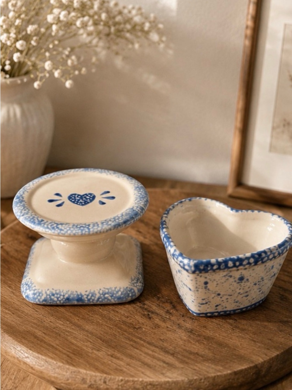 Hand-Painted Ceramic Pedestal & Heart Dish - Cream and Blue